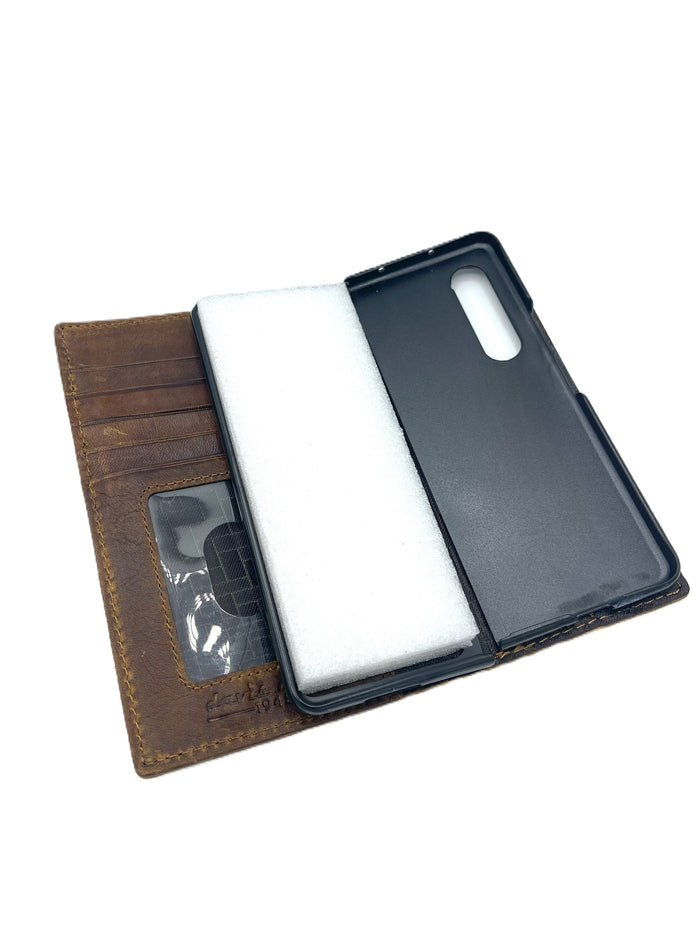 Handmade Leather Galaxy Z Fold Wallet Case: Art Cross Design