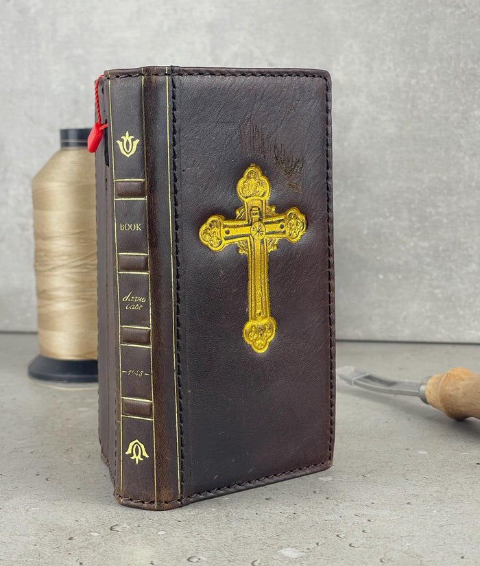 Handmade Leather Galaxy Z Fold Wallet Case: Golden Cross Art