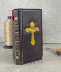 Handmade Leather Galaxy Z Fold Wallet Case: Golden Cross Art