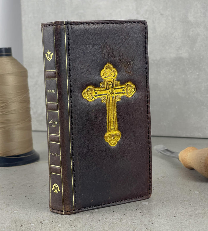 Handmade Leather Galaxy Z Fold Wallet Case: Golden Cross Art