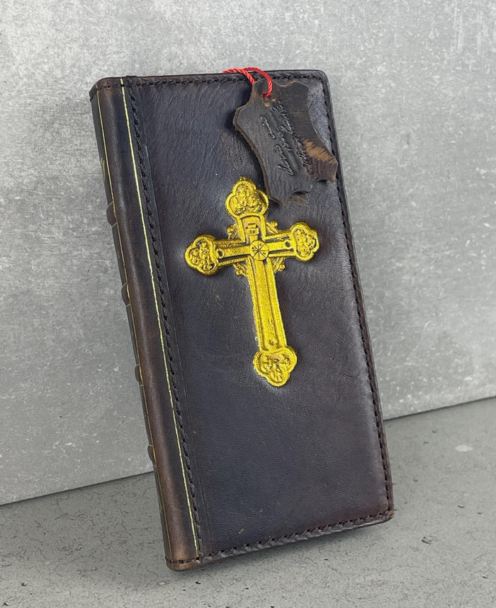 Handmade Leather Galaxy Z Fold Wallet Case: Golden Cross Art