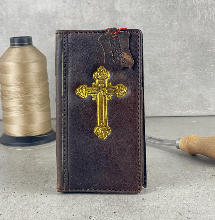 Handmade Leather Galaxy Z Fold Wallet Case: Golden Cross Art