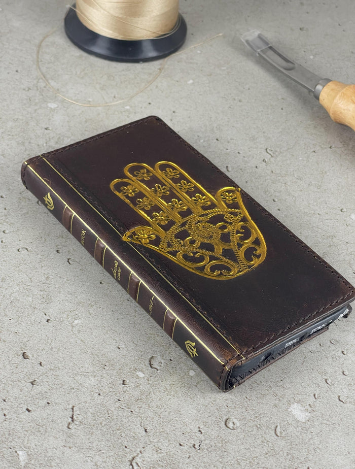 Handmade Leather Galaxy Z Fold Wallet Case: Golden Hamsa Art