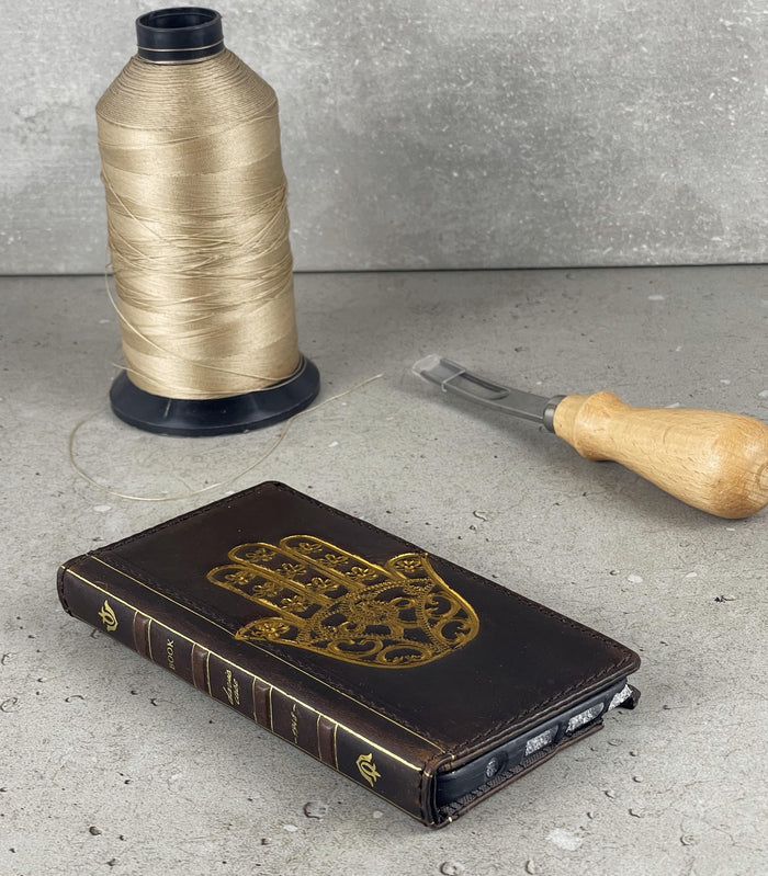Handmade Leather Galaxy Z Fold Wallet Case: Golden Hamsa Art
