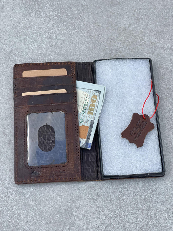 Handmade Leather Galaxy Z Fold Wallet Case: Golden Hamsa Art