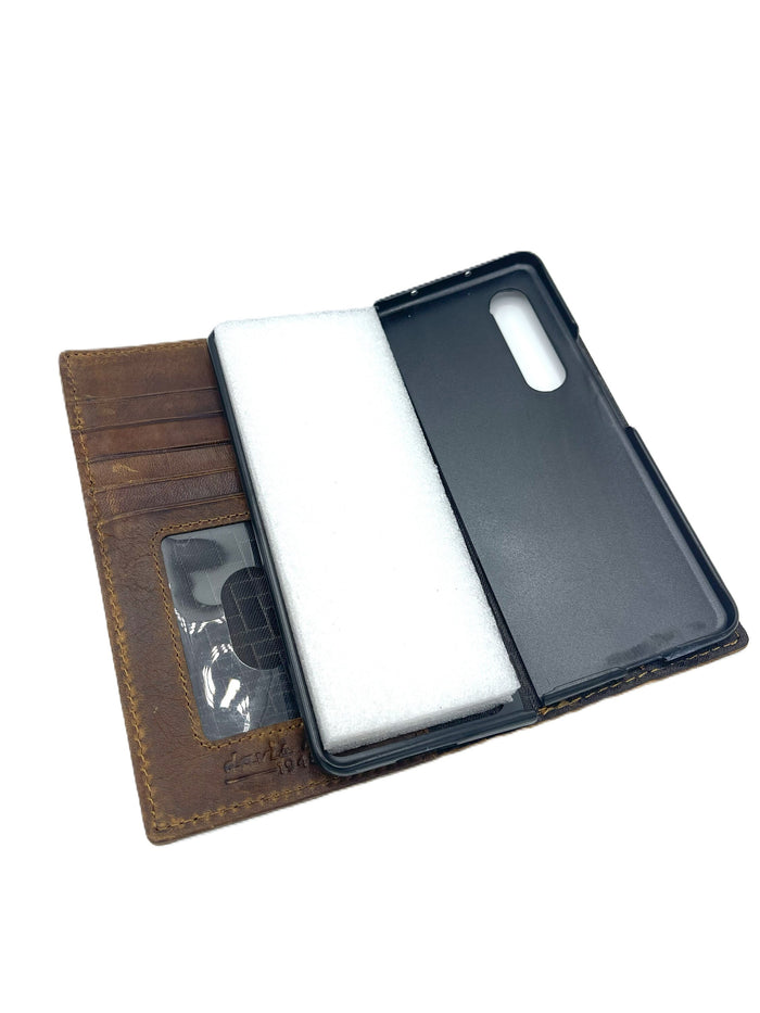 Handmade Leather Galaxy Z Fold Wallet Cover: Art Nouveau Design
