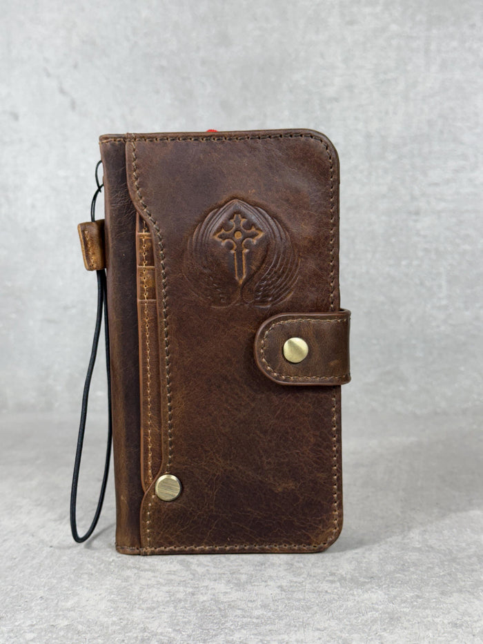 Handmade Leather Galaxy Z Fold Wallet Cover: Embossed Art Design