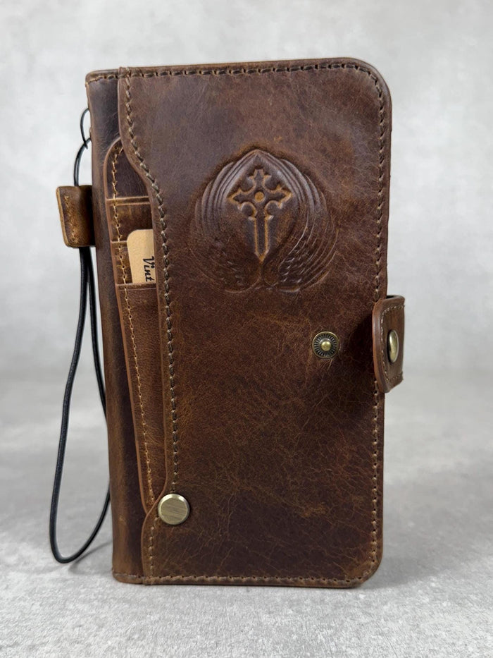 Handmade Leather Galaxy Z Fold Wallet Cover: Embossed Art Design