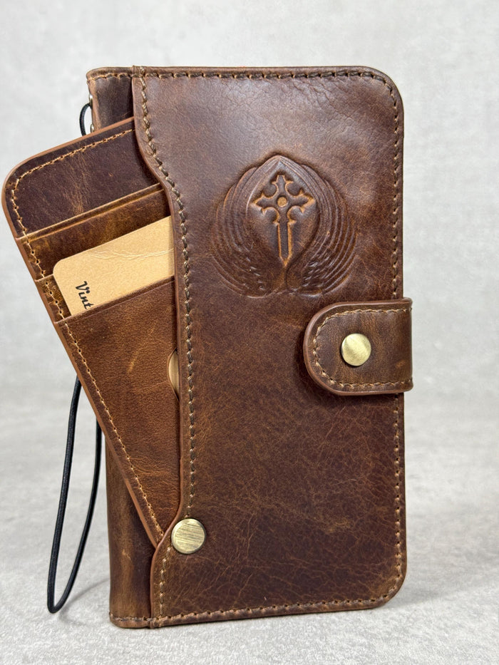 Handmade Leather Galaxy Z Fold Wallet Cover: Embossed Art Design