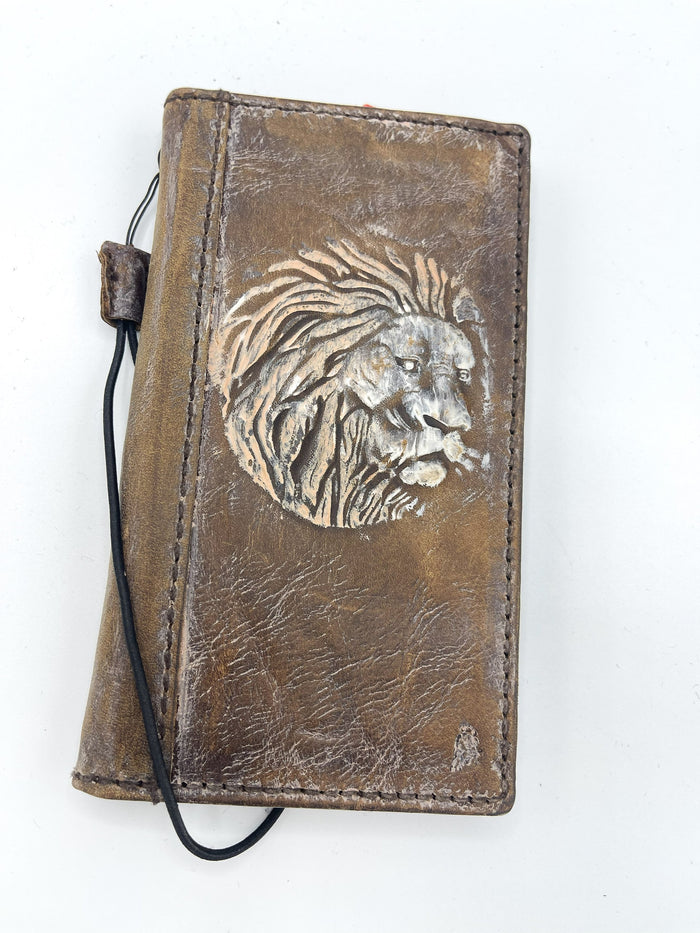 Handmade Leather Galaxy Z Fold Wallet Cover: Lion Art Design