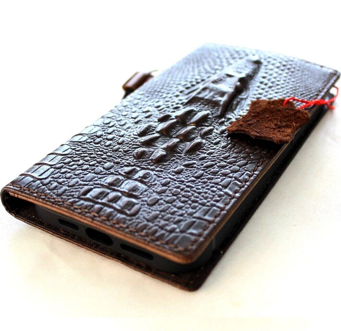 Handmade Leather Google Pixel Wallet Case: Vintage Crocodile Design