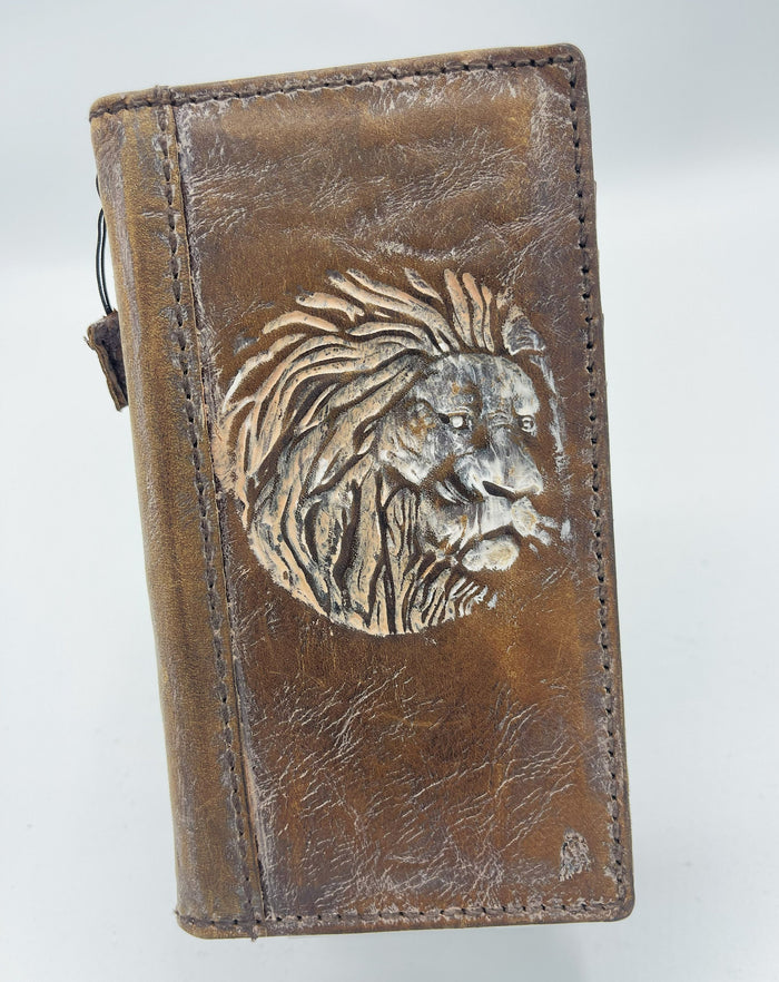 Handmade Leather Google Pixel Wallet Case: Vintage Lion Art Cover