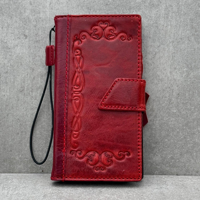 Handmade Leather Google Pixel Wallet Case: Vintage Red Art