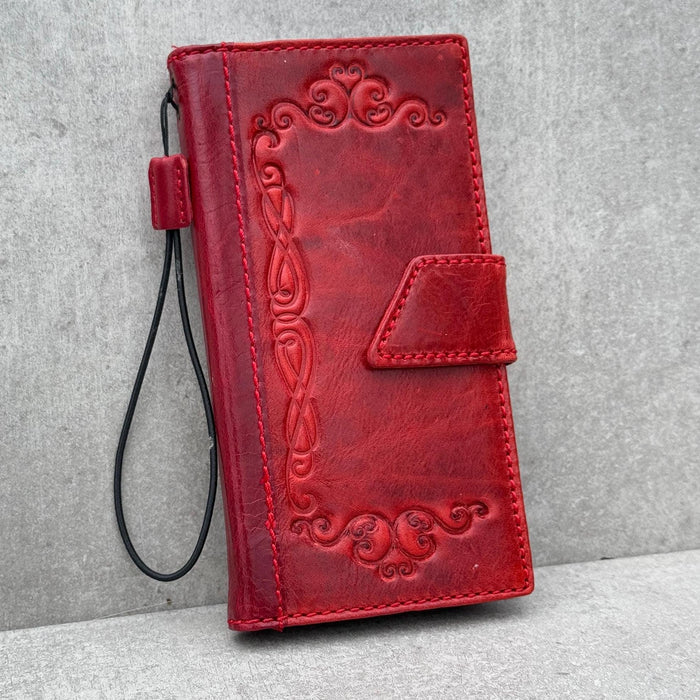 Handmade Leather Google Pixel Wallet Case: Vintage Red Art