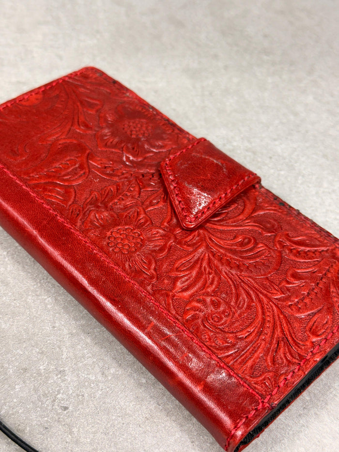 Handmade Leather Google Pixel Wallet Case: Vintage Red Art