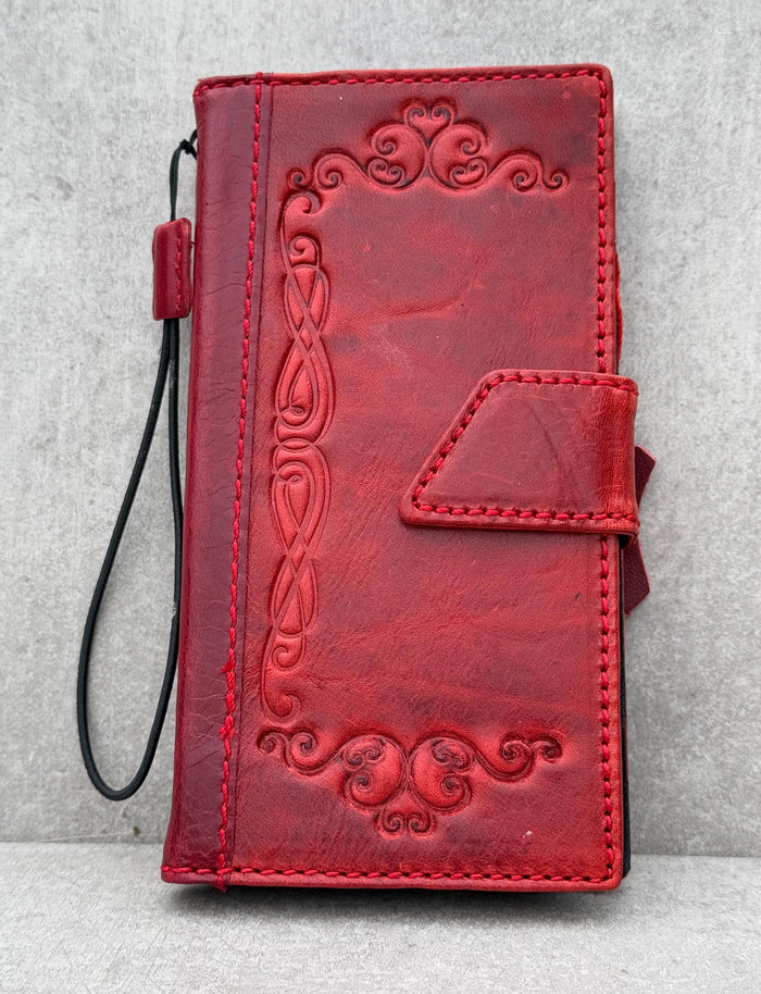 Handmade Leather Google Pixel Wallet Case: Vintage Red Art