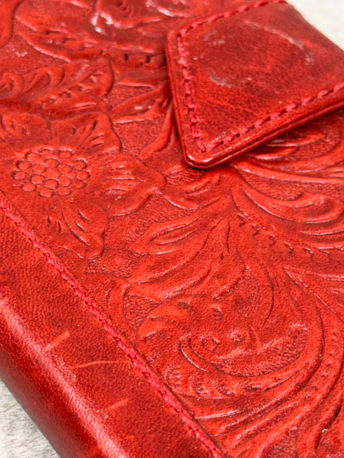 Handmade Leather Google Pixel Wallet Case: Vintage Red Art