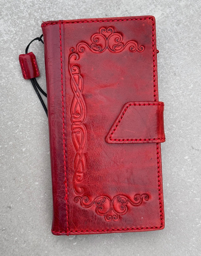 Handmade Leather Google Pixel Wallet Case: Vintage Red Art
