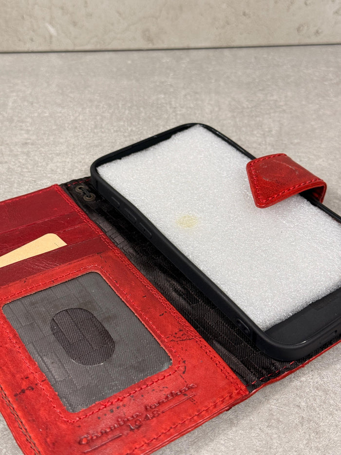Handmade Leather Google Pixel Wallet Case: Vintage Red Art