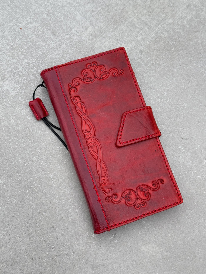 Handmade Leather Google Pixel Wallet Case: Vintage Red Art
