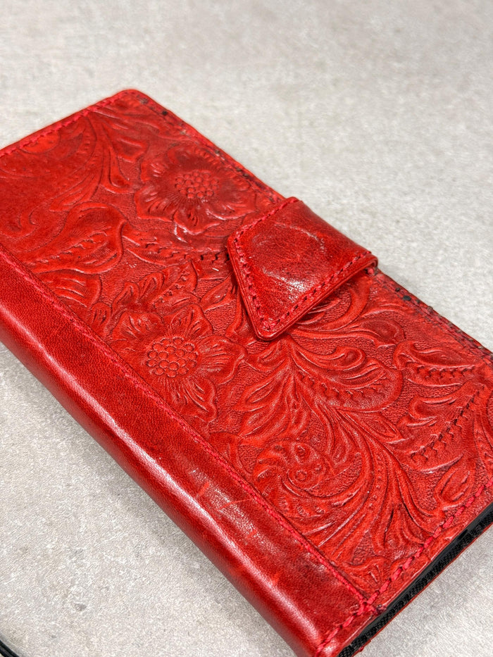 Handmade Leather Google Pixel Wallet Case: Vintage Red Art