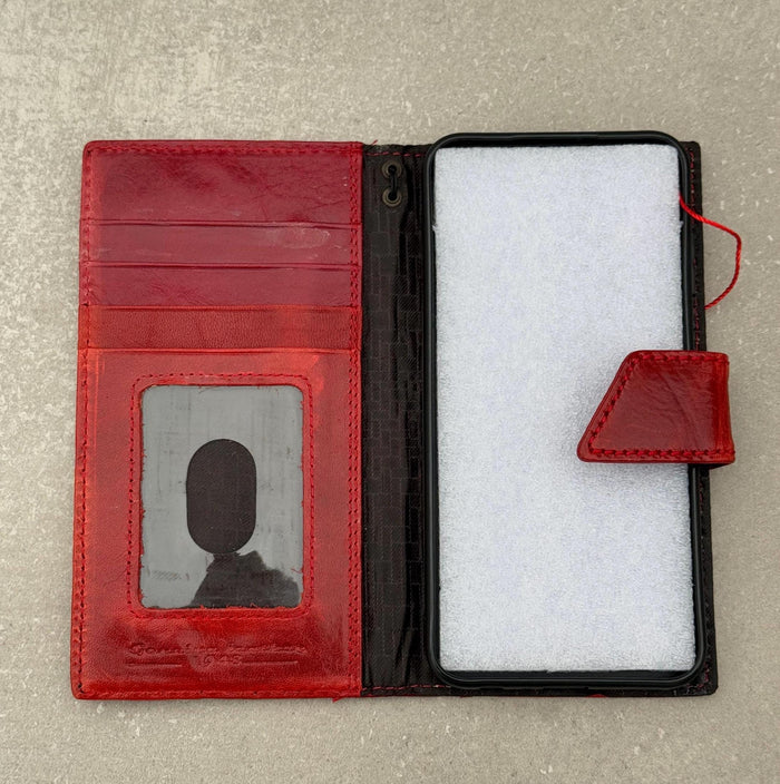 Handmade Leather Google Pixel Wallet Case: Vintage Red Art