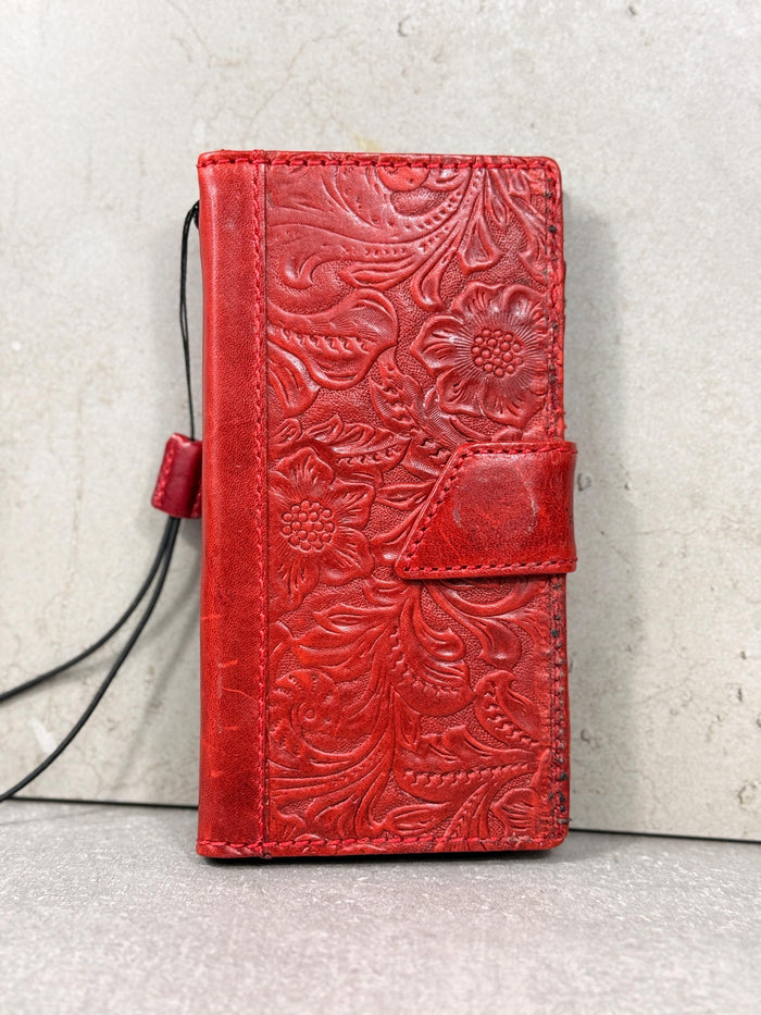 Handmade Leather Google Pixel Wallet Case: Vintage Red Art