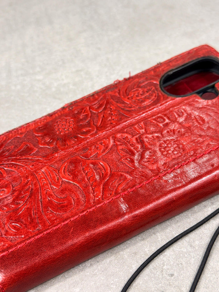 Handmade Leather Google Pixel Wallet Case: Vintage Red Art