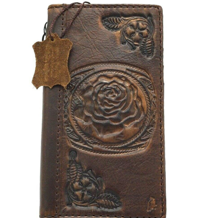 Handmade Leather Google Pixel Wallet Case: Vintage Rose Design