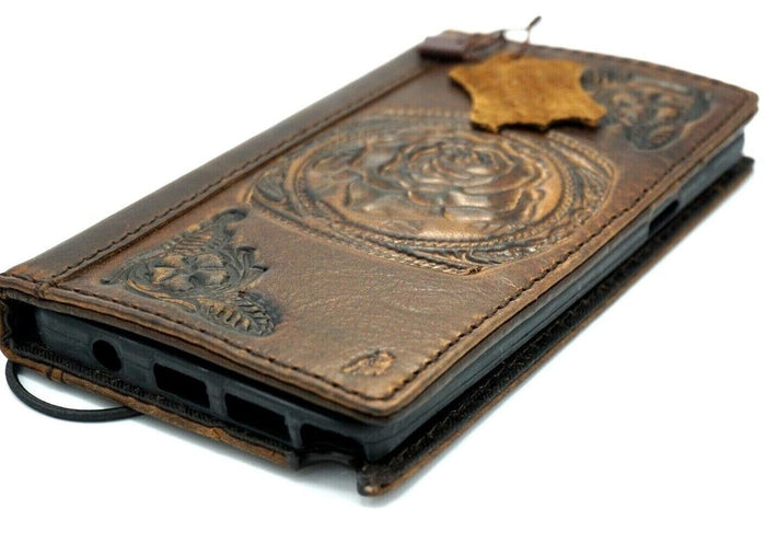 Handmade Leather Google Pixel Wallet Case: Vintage Rose Design