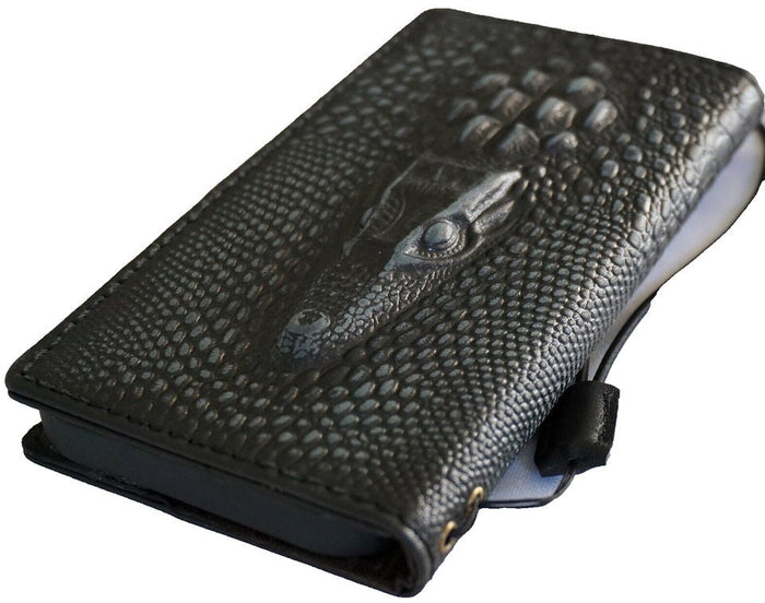 Handmade Leather iPhone Wallet Case: Black Crocodile Art