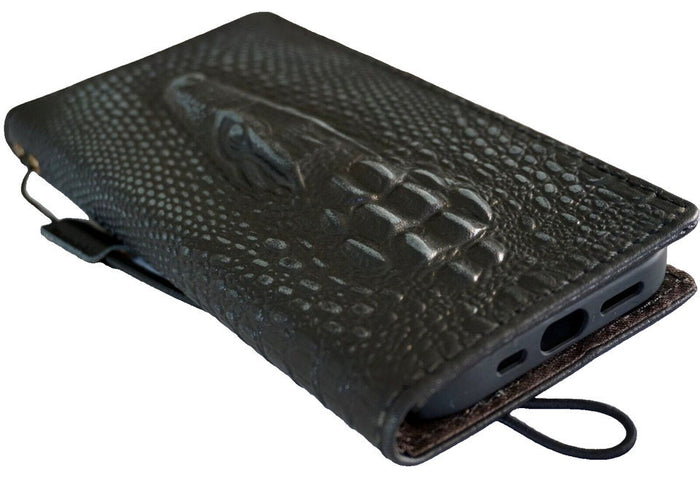 Handmade Leather iPhone Wallet Case: Black Crocodile Art