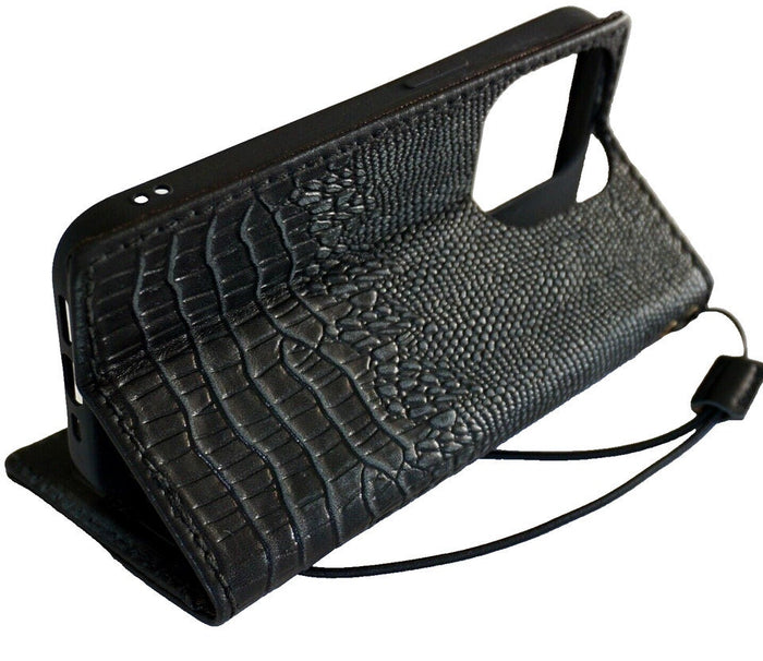 Handmade Leather iPhone Wallet Case: Black Crocodile Art