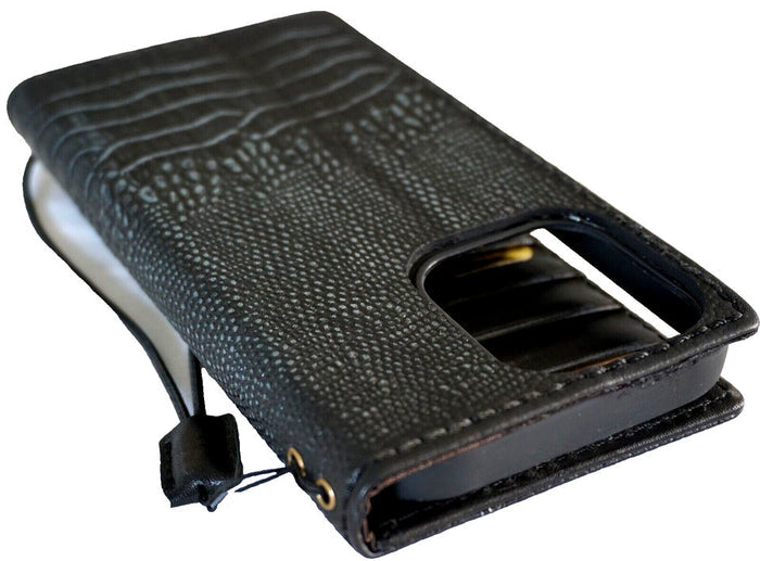Handmade Leather iPhone Wallet Case: Black Crocodile Art
