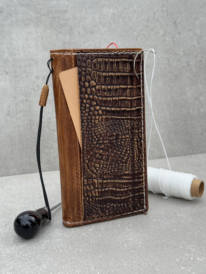Handmade Leather iPhone Wallet Case: Crocodile Print, Card Slots