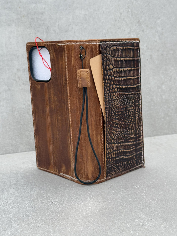 Handmade Leather iPhone Wallet Case: Crocodile Print, Card Slots