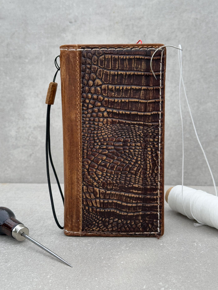Handmade Leather iPhone Wallet Case: Crocodile Print, Card Slots