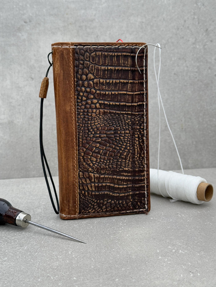 Handmade Leather iPhone Wallet Case: Crocodile Print, Card Slots