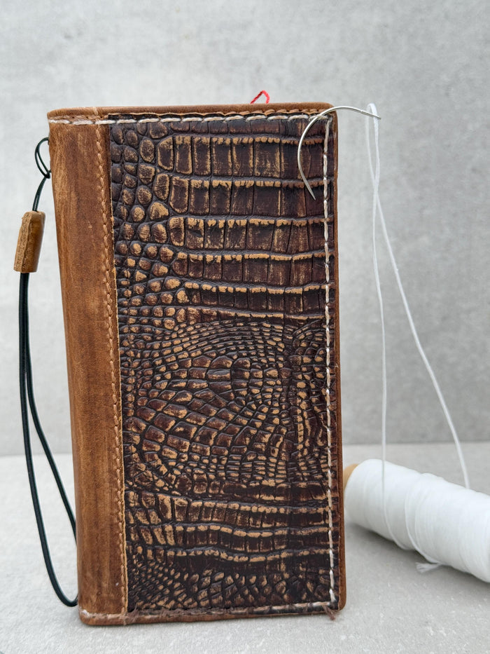 Handmade Leather iPhone Wallet Case: Crocodile Print, Card Slots