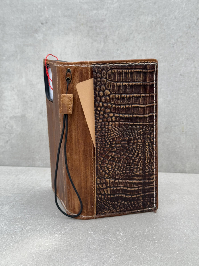 Handmade Leather iPhone Wallet Case: Crocodile Print, Card Slots