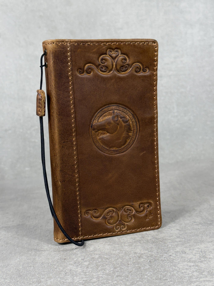 Handmade Leather iPhone Wallet Case: Embossed Art Design