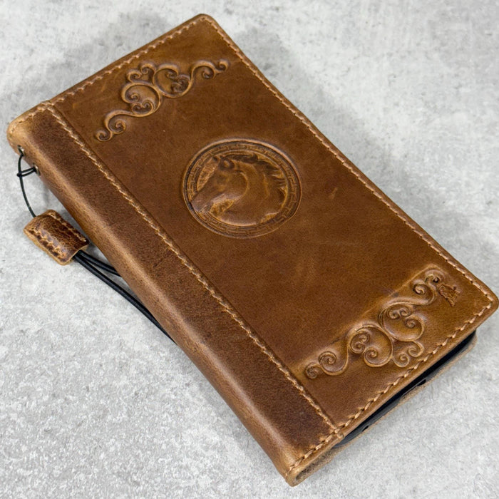 Handmade Leather iPhone Wallet Case: Embossed Art Design