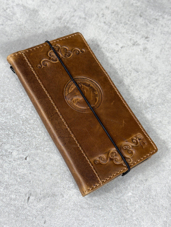 Handmade Leather iPhone Wallet Case: Embossed Art Design