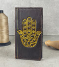 Handmade Leather iPhone Wallet Case: Gold Hamsa Book
