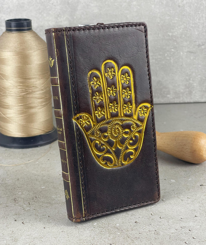 Handmade Leather iPhone Wallet Case: Gold Hamsa Book