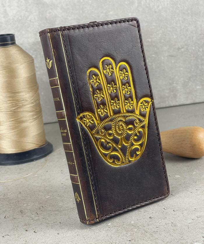 Handmade Leather iPhone Wallet Case: Gold Hamsa Book