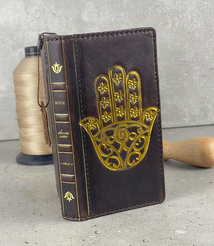 Handmade Leather iPhone Wallet Case: Gold Hamsa Book