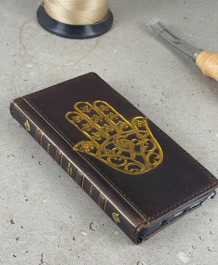 Handmade Leather iPhone Wallet Case: Gold Hamsa Book
