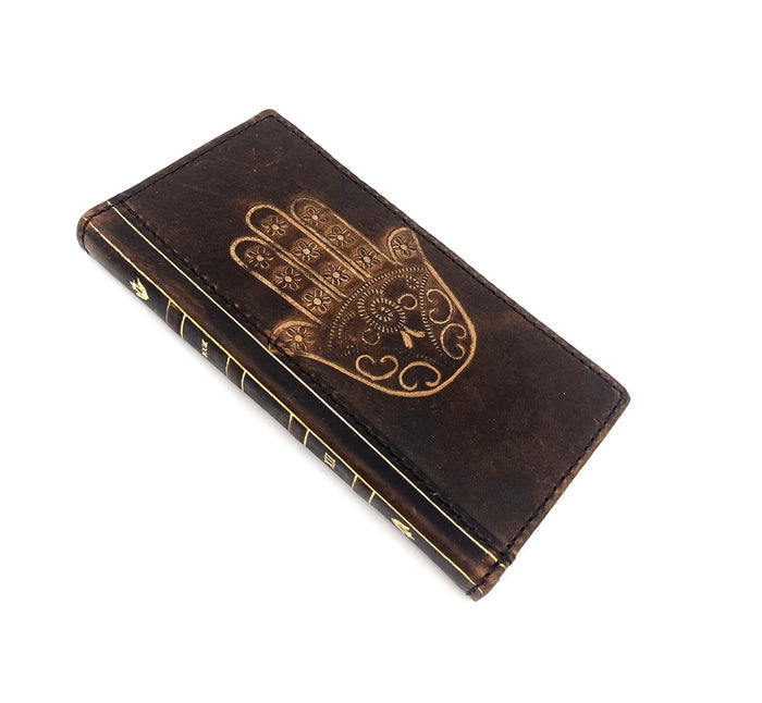 Handmade Leather iPhone Wallet Case: Hamsa Book Design