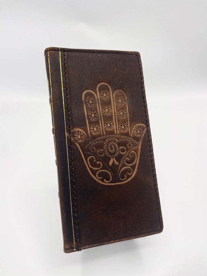 Handmade Leather iPhone Wallet Case: Hamsa Book Design